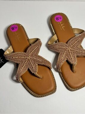 Nicole Miller Beaded Starfish Toe-Post Sandals - Tan